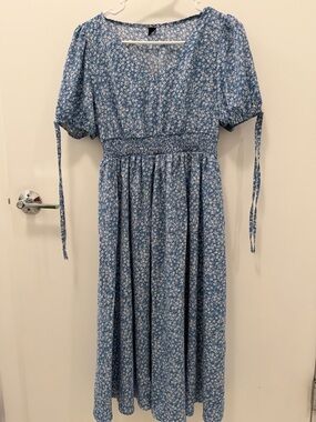 Blue Floral Dress with Smocked Waist